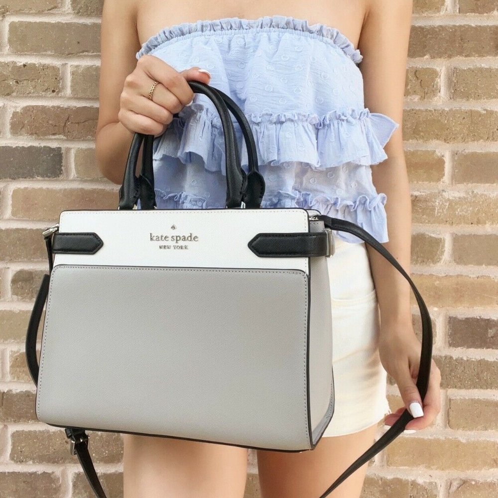 Kate Spade Staci Medium Top Zip Satchel Crossbody Colorblock Grey White Black - Picture 5 of 6